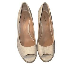 Coach Ivory Peep Toe Canvas Wedge Slip On Shoes US Size: 8.5b EUC